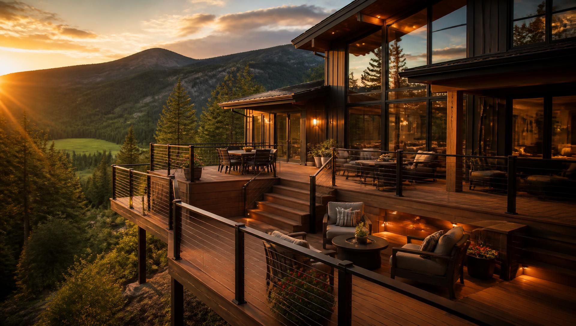 Multi-level deck overlooking the Bitterroot Valley at sunset